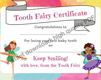 tooth fairy certificate, tooth fairy letter, first lost tooth certificate, instant download PDF & PNG