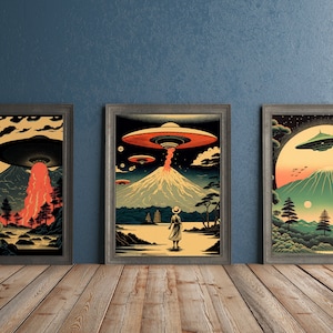 Ukiyo-e inspired sci-fi wall art, set of 6, alien invasion poster, digital wall art print, UFOs, Japanese modern home décor, cool & unique image 3