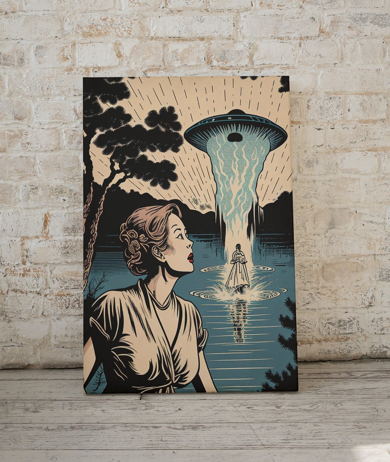 Ukiyo-e inspired sci-fi wall art, set of 6, alien invasion poster, digital wall art print, UFOs, Japanese modern home décor, cool & unique image 6