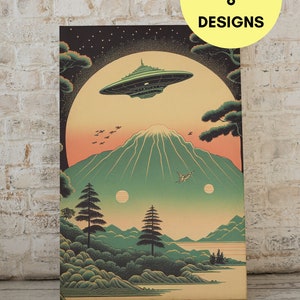 Ukiyo-e inspired sci-fi wall art, set of 6, alien invasion poster, digital wall art print, UFOs, Japanese modern home décor, cool & unique image 4