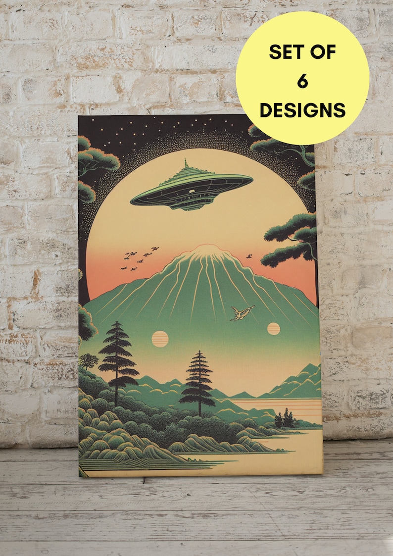 Ukiyo-e inspired sci-fi wall art, set of 6, alien invasion poster, digital wall art print, UFOs, Japanese modern home décor, cool & unique image 4