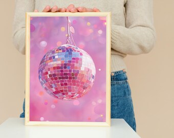Watercolor Pink Disco Ball Painting, Home Decor Printable Wall Art (PNG)