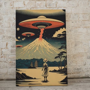 Ukiyo-e inspired sci-fi wall art, set of 6, alien invasion poster, digital wall art print, UFOs, Japanese modern home décor, cool & unique image 2
