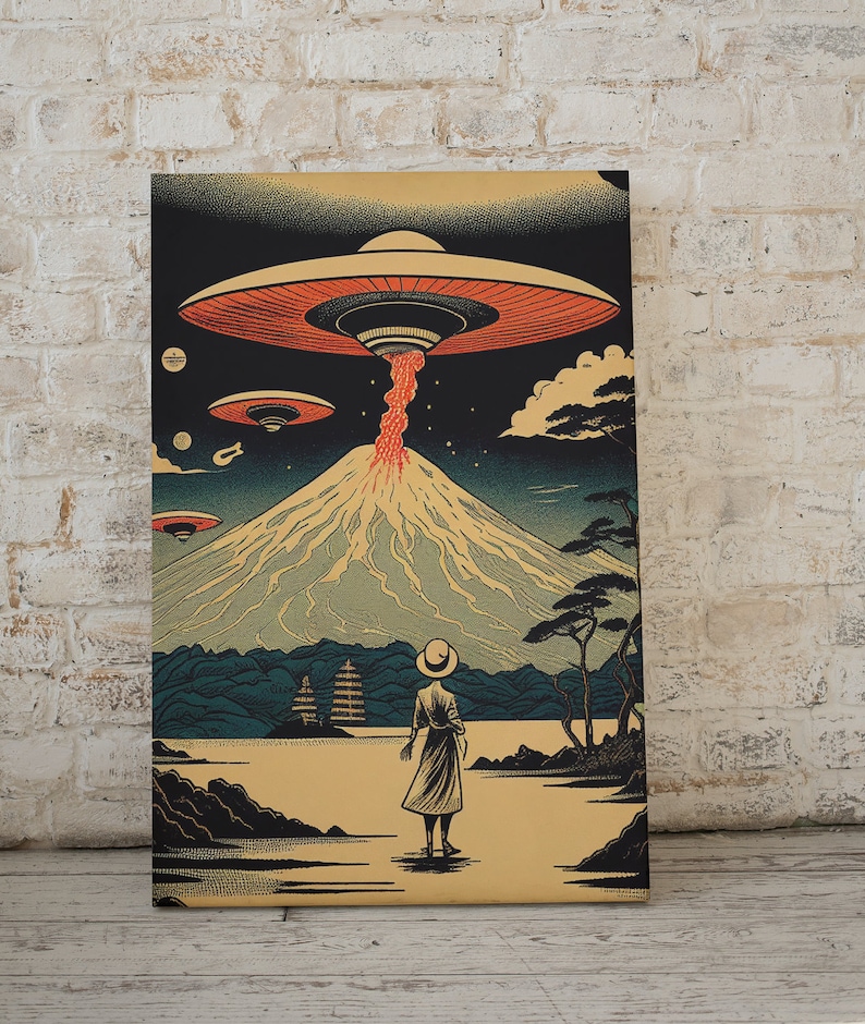 Ukiyo-e inspired sci-fi wall art, set of 6, alien invasion poster, digital wall art print, UFOs, Japanese modern home décor, cool & unique image 2