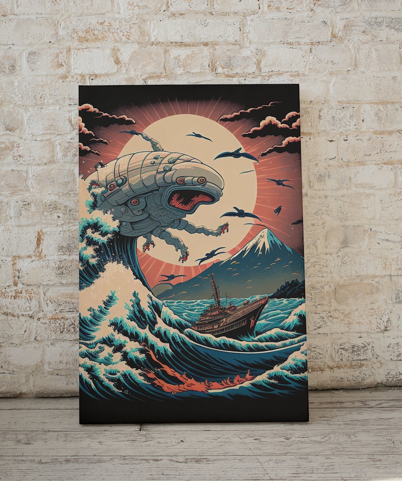 Ukiyo-e inspired sci-fi wall art, set of 6, alien invasion poster, digital wall art print, UFOs, Japanese modern home décor, cool & unique image 8