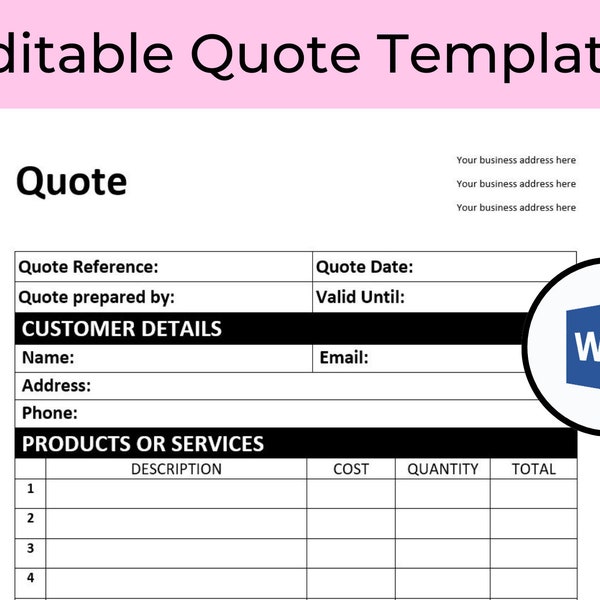 editable quotation template, editable quote template, editable and printable from Word