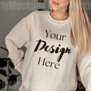 Gildan 18000 Sand Mockup, Gildan 18000 Crewneck Mockup, Model Mockup, Gildan 18000, POD Mockup For Gildan 18000, Sand Sweatshirt Model