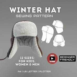 Könnte beinhalten: Ein Winterhut-Schnittmuster mit einem braunen und weiß gefütterten Hut. Das Bild enthält Strichzeichnungen des Hutes und den Text "Winter Hat Sewing Pattern". Das Muster ist in 12 Größen für Kinder, Frauen und Männer erhältlich.