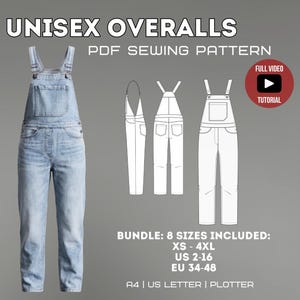 May include: Light blue denim unisex overalls with adjustable straps, a bib pocket, and side pockets. The image also includes line drawings of the overalls and text that reads "UNISEX OVERALLS PDF SEWING PATTERN". The pattern includes sizes XS-4XL, US 2-16, and EU 34-48.