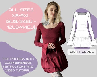 Fitted Mini Dress Sewing Pattern with Ruffle Detailing | ALL Sizes: XS-2XL (2US/34EU - 12US/44EU)
