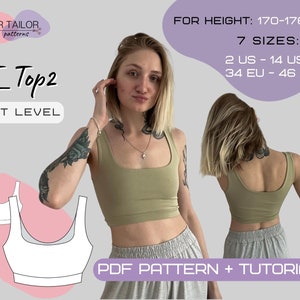 Puede incluir: Un patrón digital para un top corto con cuello redondo y sin mangas. El patrón está disponible en 7 tallas, para alturas entre 1,70 m y 1,76 m. El patrón incluye un tutorial y está etiquetado como "YT_Top2" y "Nivel fácil".