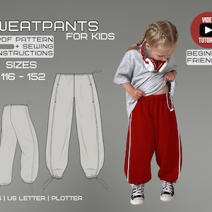May include: Image of a red sweatpants pattern for kids with white stripes, and the text "SWEATPANTS FOR KIDS". The pattern includes sewing instructions and sizes 116-152. A video tutorial is available. A young girl is wearing red sweatpants.
