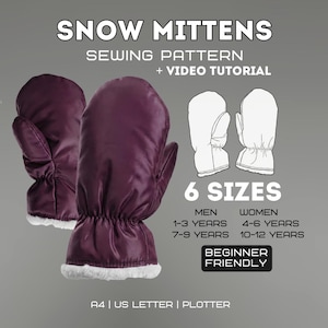 Könnte beinhalten: Ein Schnittmuster für Schneefäustlinge. Das Bild zeigt zwei dunkelviolette Fäustlinge mit weißem Kunstfellbesatz und eine Strichzeichnung des Fäustlingsmusters. Der Text enthält "6 GRÖSSEN" und "ANFÄNGERFREUNDLICH".