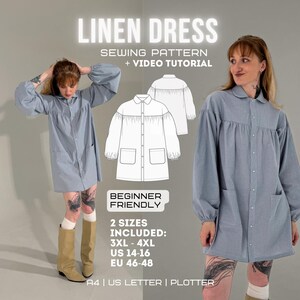 Plus Size A-Line Dress PDF Sewing Pattern, Women's Shacket, Light Button-up Coat 3XL-4XL