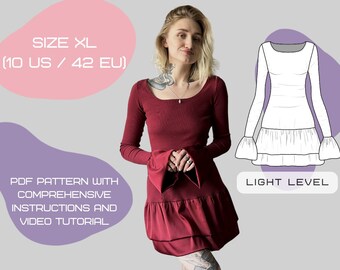 Fitted Mini Dress Sewing Pattern with Ruffle Detailing | PDF Pattern with Comprehensive Instructions and Video Tutorial | Size:XL(10US/42EU)
