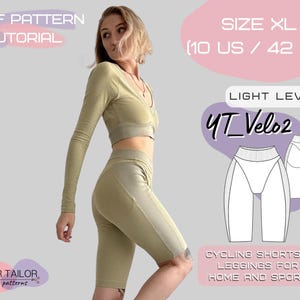 May include: A woman wearing a light green long-sleeved crop top and matching cycling shorts. The image includes text that reads "PDF PATTERN + TUTORIAL", "SIZE XL (10 US / 42 EU)", "LIGHT LEVEL", and "CYCLING SHORTS + LEGGINGS FOR HOME AND SPORT".