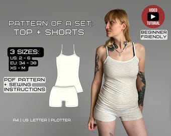 Pajama Set PDF Sewing Pattern | Tank Top + Shorts | Sizes: XS–M (2US–6US / 34EU–38EU)