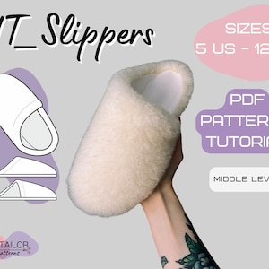 May include: A white fluffy slipper with a PDF pattern and tutorial for sizes 5 UK to 12 UK. The pattern is for a middle level sewer.