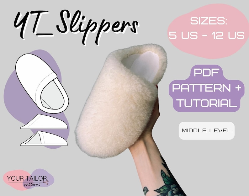 May include: A white fluffy slipper with a PDF pattern and tutorial for sizes 5 UK to 12 UK. The pattern is for a middle level sewer.
