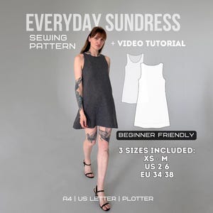 Puede incluir: Un vestido de verano sin mangas de color gris oscuro con cuello alto y silueta acampanada. La imagen incluye el texto: EVERYDAY SUNDRESS SEWING PATTERN + VIDEO TUTORIAL, BEGINNER FRIENDLY, 3 SIZES INCLUDED: XS - M, US 2-6, EU 34-38, A4 | US LETTER | PLOTTER.