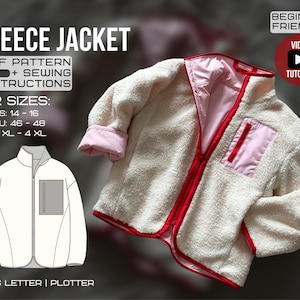 May include: A cream-colored fleece jacket with a pink lining and red trim. The jacket features a zippered front, a chest pocket, and a high collar. The image also includes a diagram of the jacket and text that reads "FLEECE JACKET" and "PDF PATTERN + SEWING INSTRUCTIONS."