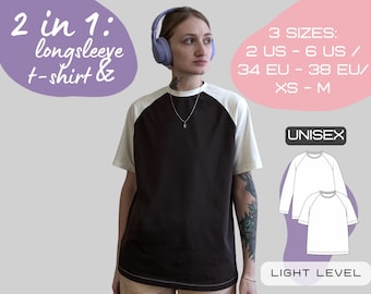 May include: A two-in-one sewing pattern for a long-sleeve t-shirt and a short-sleeve t-shirt. The pattern is unisex and comes in three sizes: 2 US - 6 US / 34 EU - 38 EU / XS - M. The pattern is labeled "Light Level" indicating it is a beginner-friendly project.