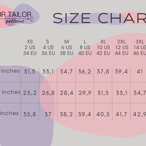 May include: A size chart with measurements in inches for bust, waist, and hips. The chart includes sizes XS to 4XL, with corresponding US and EU sizes. The text "YOUR TAILOR patterns" is at the top left.