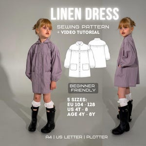Girls Sewing PDF, Kids Button-Up Shacket, A-Line Dress Pattern, Spring Coat 104-128