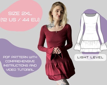 Fitted Mini Dress Sewing Pattern with Ruffle Detailing | PDF Pattern with Comprehensive Instructions and Video Tutorial |Size:2XL(12US/44EU)