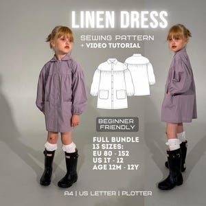 May include: A sewing pattern for a long-sleeved, button-down linen dress with two front pockets. The image includes a technical line drawing, text reading LINEN DRESS SEWING PATTERN + VIDEO TUTORIAL, BEGINNER FRIENDLY, and size information for US 1T-12.