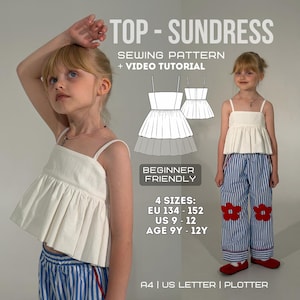 May include: A sewing pattern for a top and sundress featuring a white sleeveless peplum top with thin straps. The image includes text: TOP - SUNDRESS SEWING PATTERN + VIDEO TUTORIAL, BEGINNER FRIENDLY, 4 SIZES: EU 134 - 152, US 9 - 12, AGE 9Y - 12Y, A4 | US LETTER | PLOTTER.