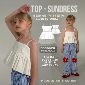 May include: A sewing pattern for a top and sundress featuring a white sleeveless peplum top with thin straps and blue and white striped pants with red flower appliqués. Text includes TOP - SUNDRESS SEWING PATTERN + VIDEO TUTORIAL, BEGINNER FRIENDLY, 5 SIZES: EU 104 - 128, US 4T - 8, AGE 4Y - 8Y, A4 | US LETTER | PLOTTER.
