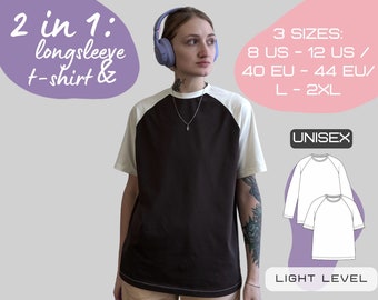 Two-in-One: T-shirt en lange mouw, oversized pdf-patroon | Gedetailleerde instructievideo-tutorial | Maten: L-2XL (8US/40EU - 12US/44EU)