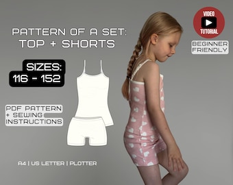 Girl’s Summer Pajama Set Pattern | Fitted Tank + Shorts | Sizes: 116–152 cm