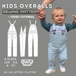 Op de afbeelding: Een naaipatroon voor kinderoveralls, met een video tutorial. Het patroon bevat vier maten, van 104 tot 122 (4-7 jaar). De afbeelding toont een kind in lichtblauwe overalls. De tekst op de afbeelding zegt "KIDS OVERALLS SEWING PATTERN".