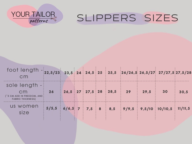 May include: A chart showing slipper sizes in US women's sizes, foot length in centimetres, and sole length in centimetres. The chart is pink and purple with the text "YOUR TAILOR patterns" and "SLIPPERS SIZES" at the top.