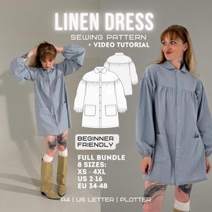 May include: A light blue linen dress sewing pattern with a video tutorial. The design features a button-down front, long sleeves with cuffs, and two front pockets. The bundle includes 8 sizes from XS to 4XL, US 2-16, and EU 34-48, with A4, US letter, and plotter formats.
