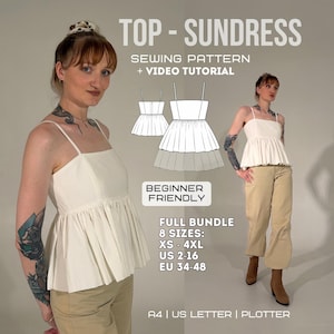 May include: A sewing pattern for a white peplum top and sundress with a video tutorial. The text reads TOP - SUNDRESS SEWING PATTERN + VIDEO TUTORIAL, BEGINNER FRIENDLY, FULL BUNDLE 8 SIZES: XS - 4XL, US 2-16, EU 34-48, A4 | US LETTER | PLOTTER.