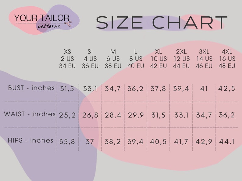 Op de afbeelding: Maattabel voor kledingpatronen met metingen in inches en US- en EU-maten. De tabel bevat borst-, taille- en heupmaten voor maten XS tot en met 4XL.
