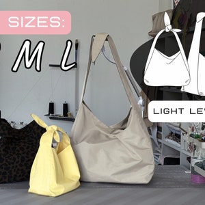 Puede incluir: Tres bolsas de mano de diferentes tamaños, etiquetadas con "S", "M" y "L". Las bolsas están hechas de tela beige y tienen un diseño sencillo. El texto "3 SIZES" y "LIGHT LEVEL" también es visible en la imagen.