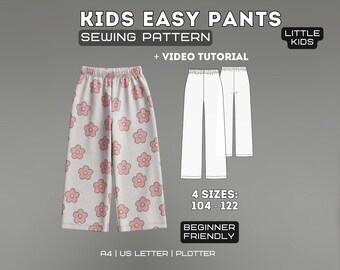 May include: A sewing pattern for kids' easy pants. The image shows a pair of pants with a pink floral pattern and a white pair of pants. The text on the image says "KIDS EASY PANTS SEWING PATTERN" and "4 SIZES: 104-122".