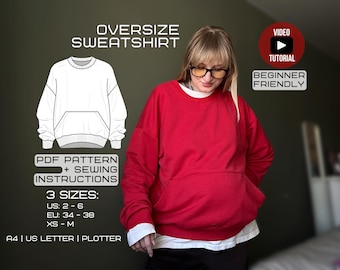 Patrón de costura en PDF para sudadera unisex extragrande. Tallas: XS-M (2 EE. UU./34 UE - 6 EE. UU./38 UE).