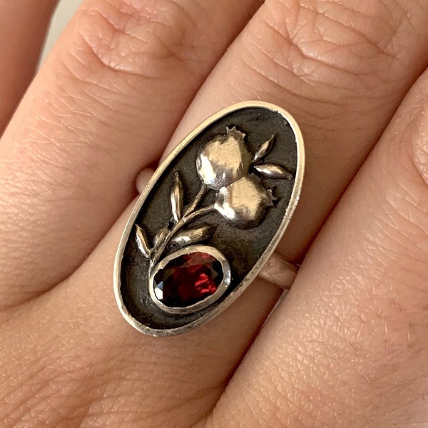 Hand-carved Pomegranate Ring with Garnet, Art Nouveau, Botanical Sterling Silver Jewelry