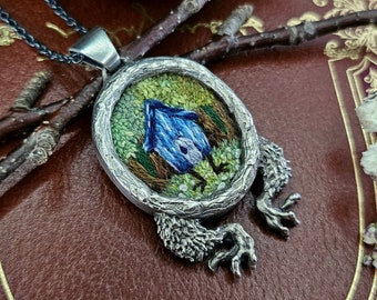 Baba Yaga Pendant, Witch's House, Embroidered Jewelry, Silver Hand Carved Pendant with Forest Scene, Spring Decor, Slavic Folklore, OOAK