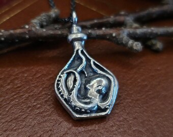 Octopus in a Bottle, Sterling Silver Pendant, Handmade Cthulhu Jewelry, Witch's Apothecary Potion, HP Lovecraft Inspired Necklace