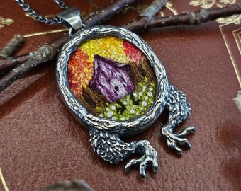 Baba Yaga Handmade Pendant, Unique Embroidery Painting Necklace, Sterling Silver Russian Fairy Tale Jewelry, Slavic Folklore Amulet