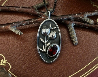Hand-Carved Pomegranate Pendant: Art Nouveau Sterling Silver Garnet Necklace