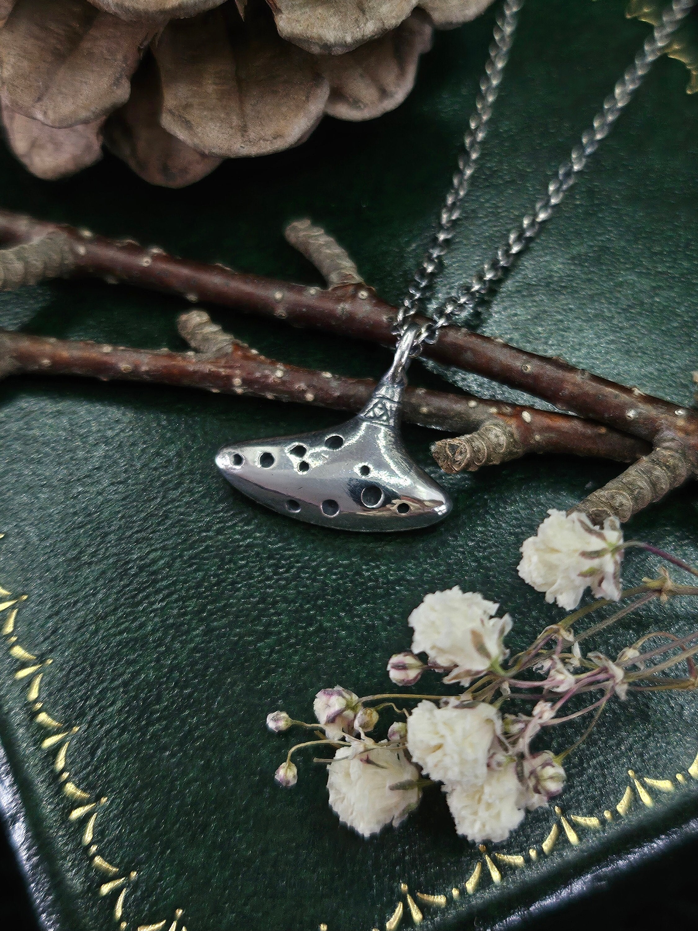 Handmade Sterling Silver Ocarina Necklace: Legend of Zelda