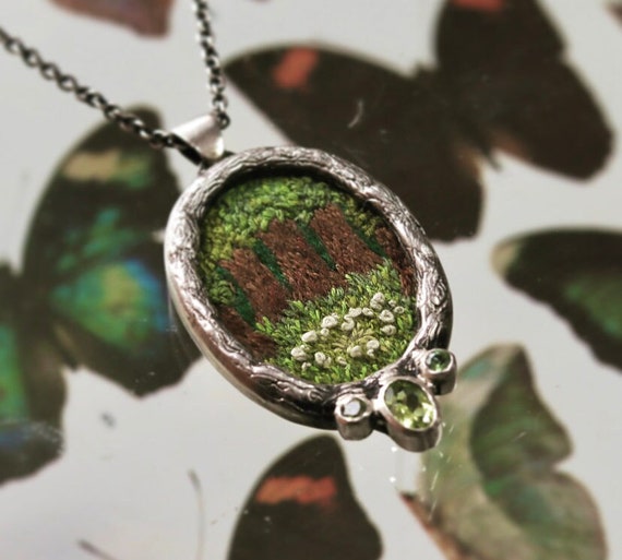 Into the Woods Sterling Silver Embroidery Pendant Hand carved
