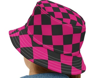 Pink Checkered Hat Hot Rod Racing Bucket Hat Hot Pink Checkered Beach Cap